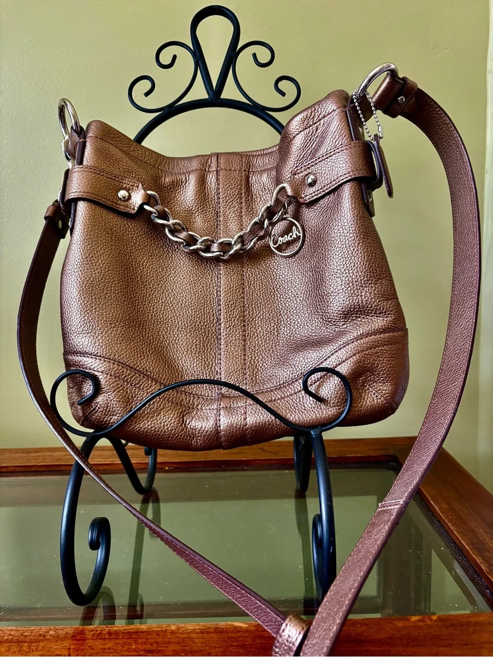 Coach Metallic Bronze Pebbled Leather Hobo Shoulder Bag with Chain Charm - Picture 1 of 13